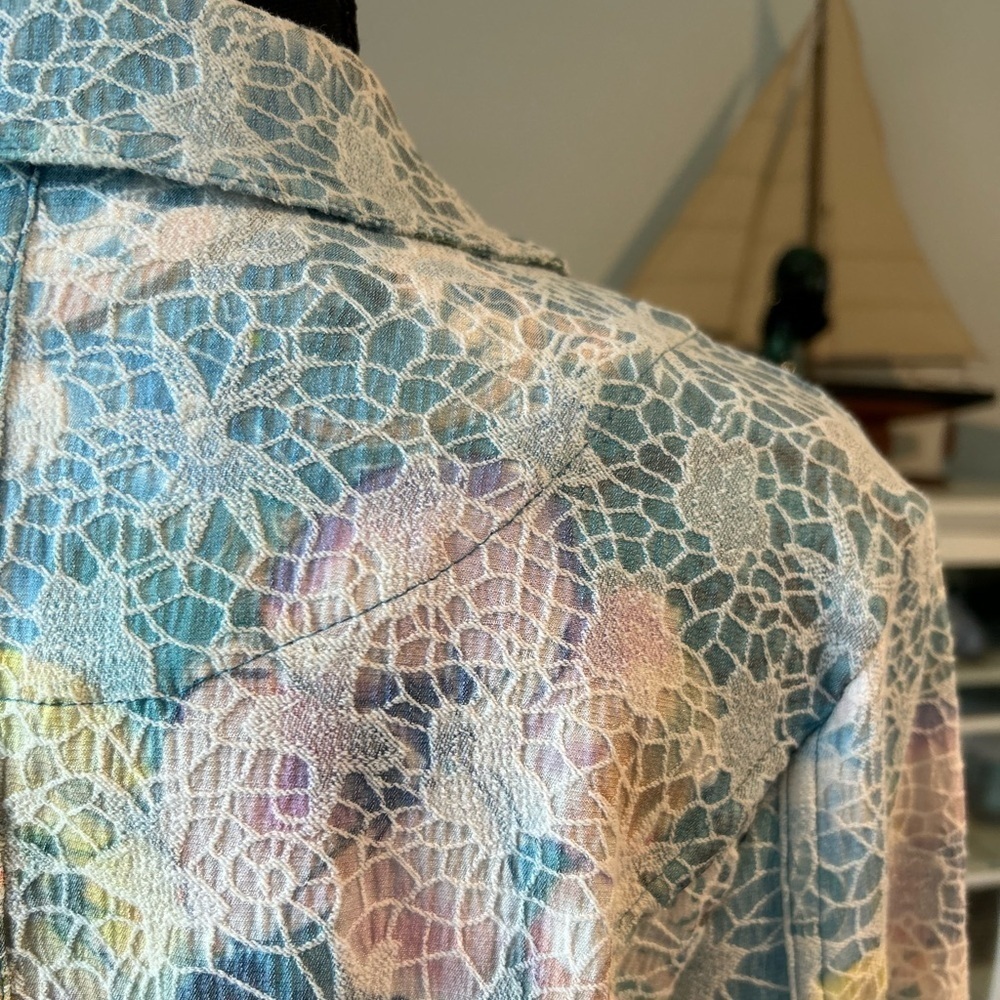 Kaktus Textured Pastel Peacock Jean Jacket Metal Buttons L Art to Wear Colorful - Picture 5 of 13